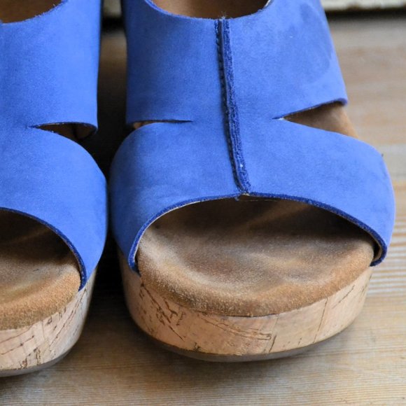 CLARKS Artisan Slingback Blue Leather Wedge Cork Platform Sandals 6.5 6 1/2 - Picture 8 of 8